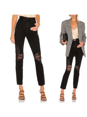 SLVRLAKE Revolve Black High Rise Distressed Slim Straight Jeans Size 26